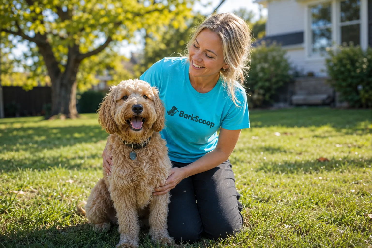 A smiling woman in a turquoise BarkScoop shirt kneeling beside a happy goldendoodle on a sunny lawn