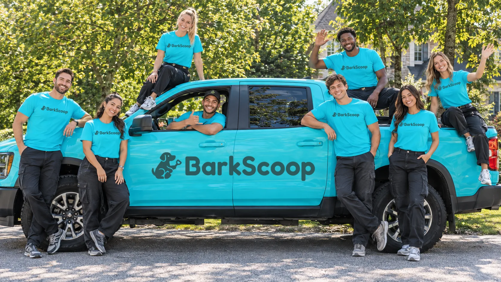 A smiling group in turquoise BarkScoop shirts with a BarkScoop pickup truck on a tree-lined suburban street